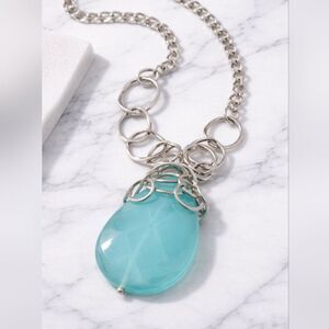 Lia Sophia Aqua Glass Pendant Necklace Silver Statement Coastal Quiet Luxury
